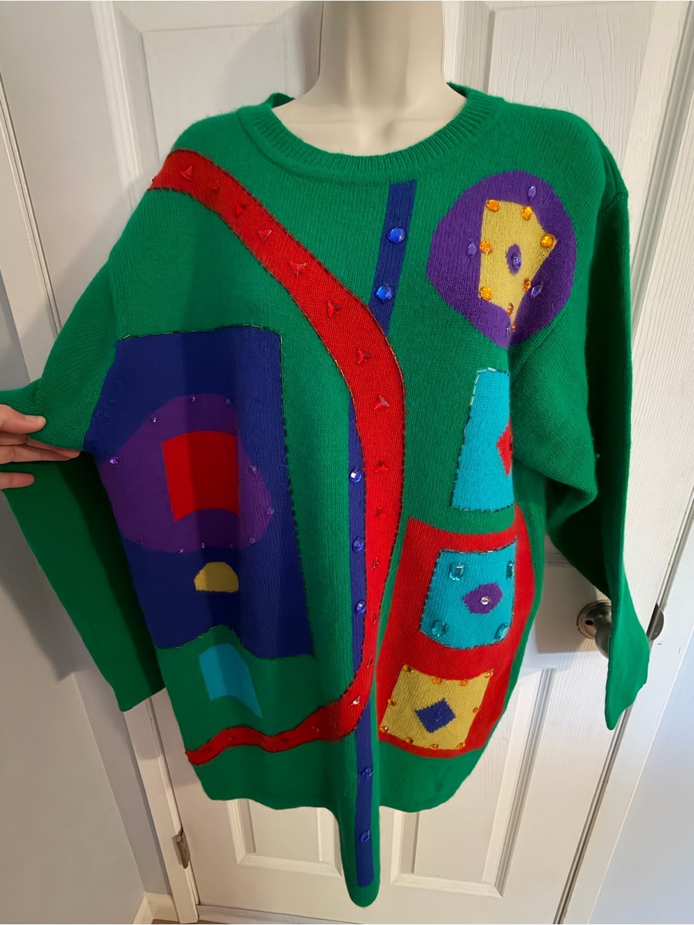 VTG 80s 90s Geometric Sequin Angora Lambswool Sweater Dress Green Abstract- S